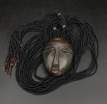 African Wood Woman Face Mask Pendant Black Seed Bead Long Necklace or Belt - £67.10 GBP