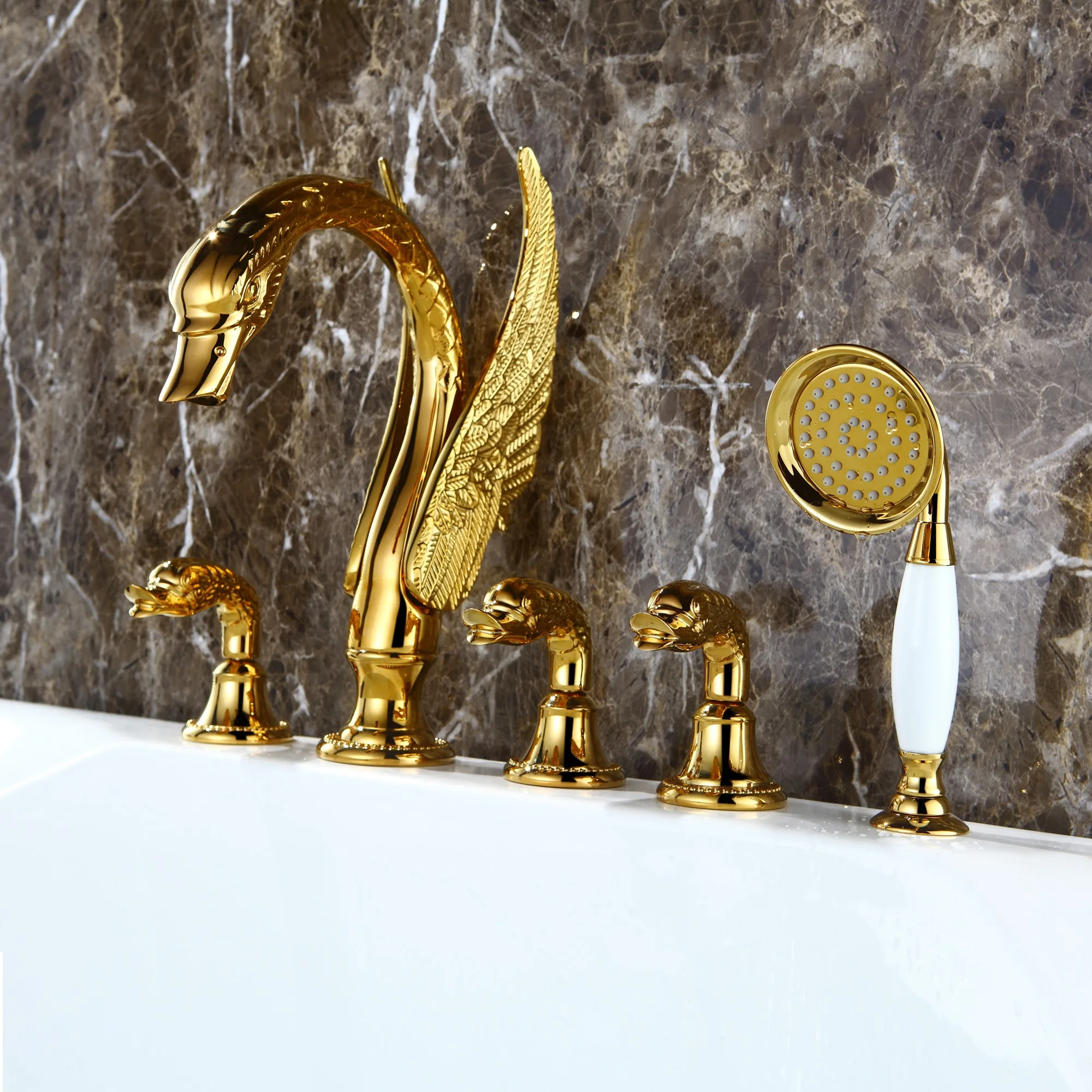 Gold finish 5pcs Widespread swan bathtub and shower faucet Luxury tub mi... - $1,261.75 CAD