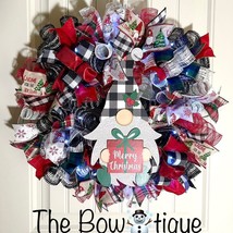 Handmade Merry Christmas Gnome Holiday Ribbon Door Wreath 22 ins W48 - £51.06 GBP