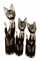 Balinese Wood Handicraft Green Eyed Feline Cat Family Set of 3 Figurines 20&quot;H - £35.15 GBP