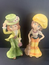 Vintage 1970s Set of 2 Big Hat Hippy Chicks Retro Dressed 8.5&quot; Tall Japan - $32.73