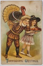 Thanksgiving Greetings Boy With Turkey Girl Fruit Plate Postcard K29 - £4.65 GBP