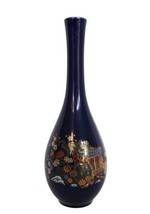 Vintage Otagiri Bud Vase Blue w/ Multi Color Japanese Flowers &amp; Cart Scene - $19.99