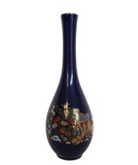 Vintage Otagiri Bud Vase Blue w/ Multi Color Japanese Flowers &amp; Cart Scene - $19.99