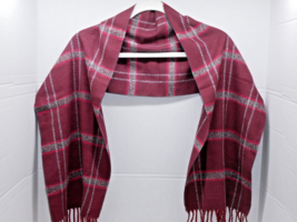 Cashmink By V. Fraas Scarf Red Maroon Gray Plaid Soft Fringed Edge 11&quot; x... - £11.77 GBP