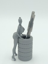 Sexy Bikini Girl Posing on Tires Pen Holder 5.5&quot; Grey 3d printed - £26.98 GBP