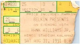 Vintage Hank Williams Jr.Ticket Stumpf August 31 1991 Kalamazoo Michigan - £35.18 GBP