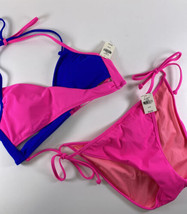 NWT Victoria Secret Pink bikini Pink Blue Cross Top M and Pink Ruched Bottoms L - £39.07 GBP