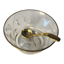 Etched Glass Berry Bowl with Gold Rim &amp; Spoon – 5 x 2.25 x 3&quot; – Embossed... - $16.20