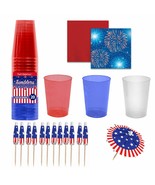 Red White &amp; Blue Party Cups, Beverage Napkin and Drink Umbrella Set - £11.66 GBP