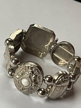 Wide Ornate Oval Scarab &amp; Pharaoh SIlvertone w Mother of Pearl Accents Stretch - $14.89