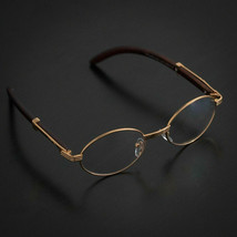 Men&#39;s Hip Hop Vintage Gold Frame Clear Lens Wood Glasses NEW - £11.58 GBP