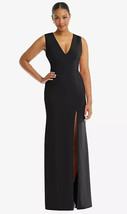 V-Neck Closed Back Crepe Trumpet Gown with Front Slit..TH111...Black...Size 12 - £59.11 GBP