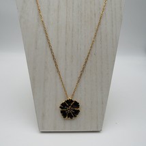 J Crew Necklace 1&quot; Black Enamel Rhinestone Flower Pendant 25&quot; Gold Tone Chain - £14.18 GBP