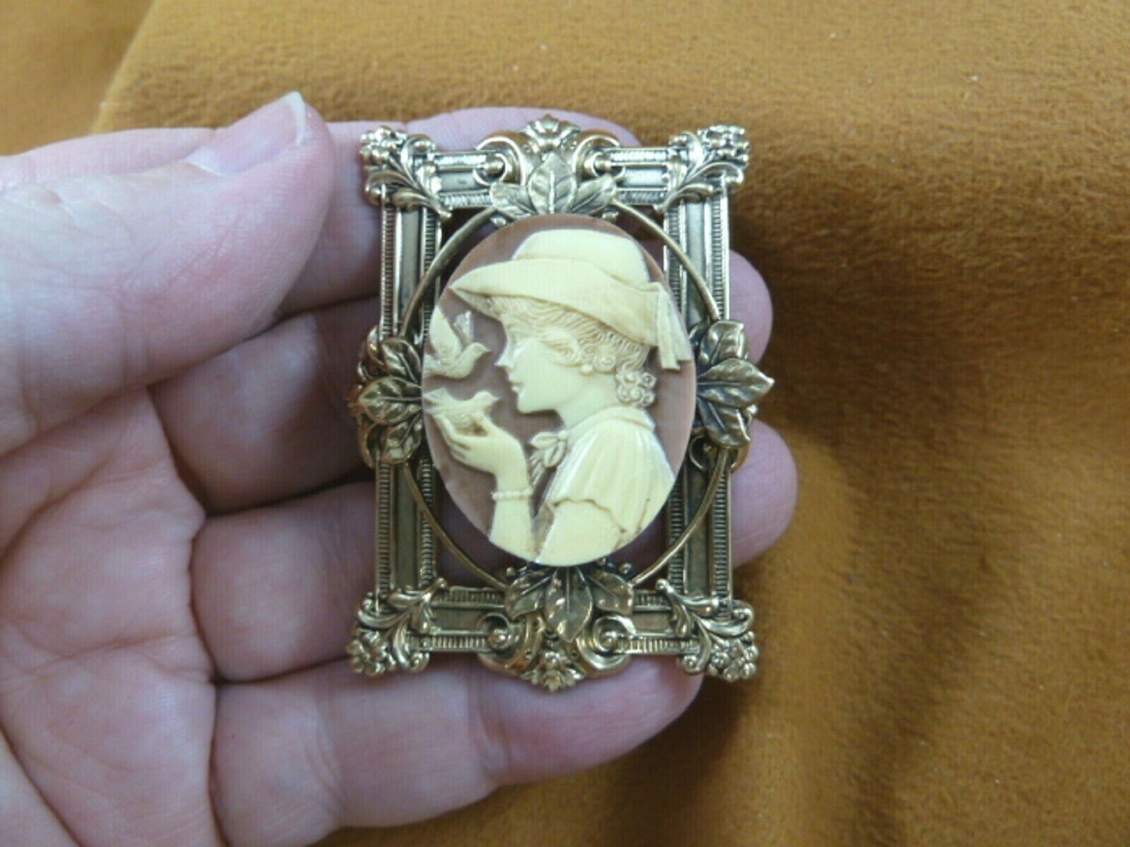 Primary image for (CM11-9) GIRL in sun Hat bird brown + ivory CAMEO jewelry Pin Pendant JEWELRY