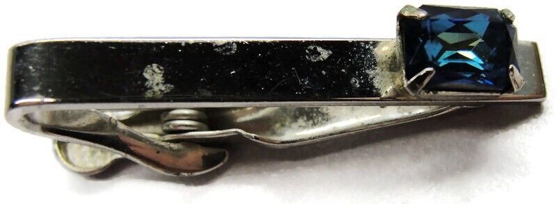 Primary image for 1 1/4" Swank Blue Rhinestone On Classic Polished Neck Tie Clip Silver Tone Vtg
