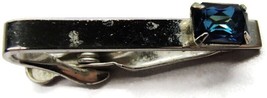 1 1/4&quot; Swank Blue Rhinestone On Classic Polished Neck Tie Clip Silver Tone Vtg - £11.85 GBP