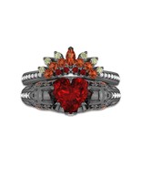 Skull Ring Set For Women With Garnet Heart Inlaid  Gothic Style Engageme... - $226.84 CAD