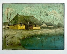 Antique Signed Hungarian Oil Painting, HORVATH, Houses on the Pond, 30 x... - $262.20