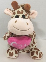Hug & Luv Giraffe small Plush tan brown spots holding love pink heart pillow - $9.89