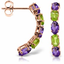 14K Solid Rose Gold Gemstone Stud Earrings w/ Natural Amethysts &amp; Peridots - £302.14 GBP