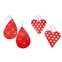 Two Pairs of Valentines Earrings 1 Heart 1 Teardop Red White Faux Leather NEW - $7.92