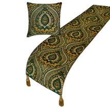 Damask Tapestry - Jacquard Green Decorative Bed Runner and Pillow Cover - £50.60 GBP+