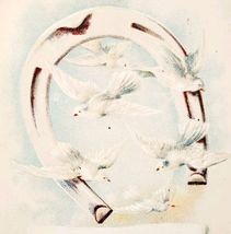1920s Greeting Card Doves Horseshoe Lithograph Farm Scene Ephemera E88G - $10.00