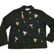 Y2K Black Embroidered Jacket Fruity Cocktail Daiquiri Happy Hour Sz M Pe... - $24.01