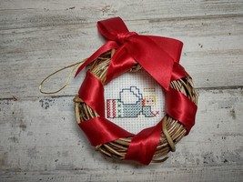Vintage Cross Stitch Angel Twig Wreath Christmas Ornament Made in Taiwan 3&quot; - £6.69 GBP