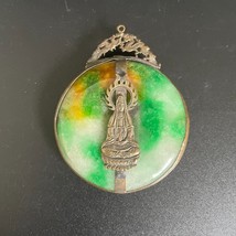 Late Qing Chinese Jade Disc in Gilded Silver Quan Yin Frame Pendant Amulet #1 - £256.80 GBP