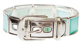 Square Imitation Aqua Blue Shell Belt Stretch Silvertone Bracelet - £7.98 GBP