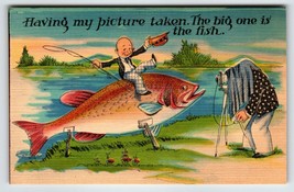 Fishing Linen Postcard Exaggerated Fish Man On Top Camera Photograph Big One - £8.20 GBP