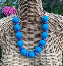 Blue felt ball necklace, wool bead necklace, one of a kind necklace, light weigh - £38.55 GBP