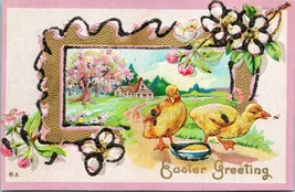 Vtg 1900s Postcard Easter Greetings Embossed Glitter Gilded chicks Flowers UNP - £3.52 GBP