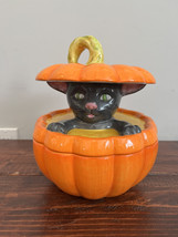 Vintage Y2K Halloween Ceramic Black Cat Pumpkin Cookie Treat Jar Canister Lid - £38.28 GBP