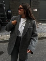 Elegant Gray Woolen Jacket For Women Casual Lapel Long Sleeve Loose Blazer Coat  - £132.68 GBP