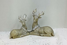 Gold Tone Sparkling Set of 2 Sitting Reindeer 7.5&quot; x 5.5&quot; Christmas Figu... - $33.02