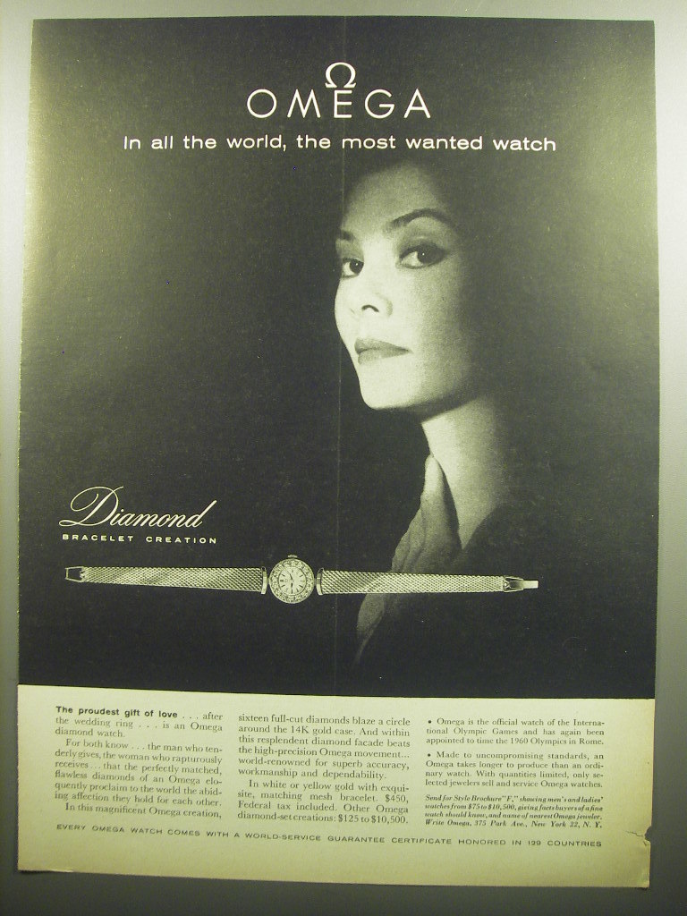 Primary image for 1958 Omega Diamond Bracelet Watch Ad - The most wanted watch