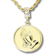 Round 14k Gold Plated Praying Hands Pendant Cz 24&quot; Rope Chain Hip Hop Necklace - £7.46 GBP