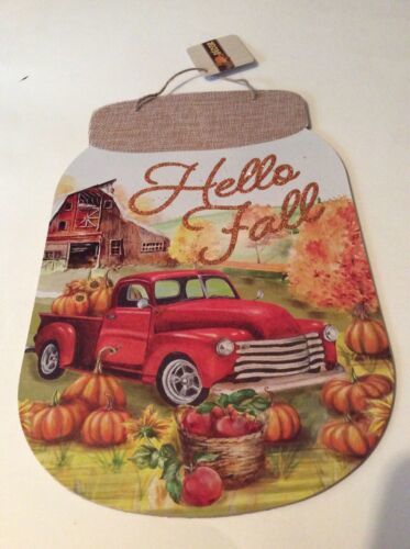 Hello Fall Red Truck Mason Jar Rustic Door Wall Hanging Wreath Sign Deco... - $4.54