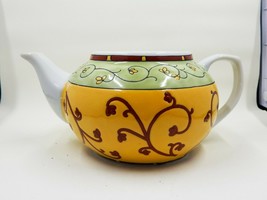 Pier 1 One Imports Porcelain Teapot Asian Yellow Green White Red Embosse... - $18.99