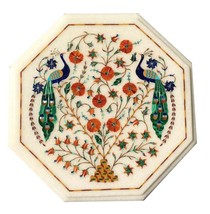 12&quot; White Italian Marble Top Coffee Table Peacock Arts Side Pietra Dura Inlaid - £250.75 GBP