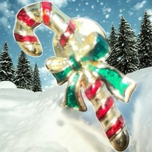 Vtg Avon Candy Cane Lapel Pin Brooch Red &amp; Gold Color With Green Bow Chr... - $5.87