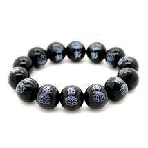 BLACK AGATE WRIST MALA w LOTUS 14mm Buddhist Prayer Bead Stone Stretch B... - $9.95