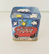 UK London Themed Square Tin Coin Bank w Big Ben and Double Decker Bus - $15.99