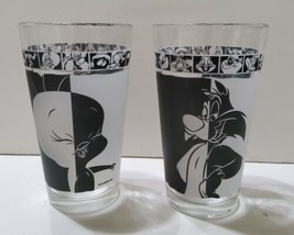 1999 Looney Tunes Tweety Bird Slyvester 16oz Glasses Vintage Black Gray Set of 2 - £21.95 GBP