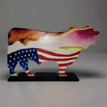 Handmade Cut Painted Metal Bull On Base Freestanding American Flag Sunset Signed - £26.75 GBP