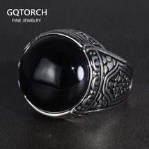 Real Pure 925 Silver Rings Cool Vintage Ring With Round Black Natural Stones Tur - £58.61 GBP