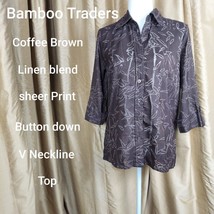 Bamboo Traders Linen Blend Sheer Print Button Down Top Size M - £16.23 GBP